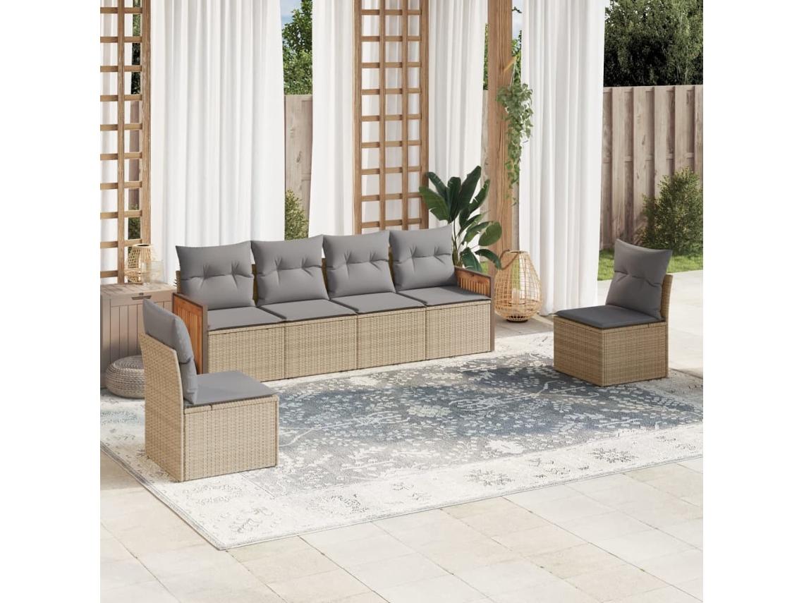 Conjunto de sofá de jardín de 6 piezas con cojines, mimbre sintético beige, Dkd Home Decor
