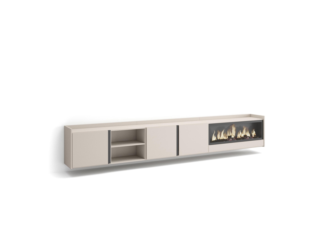 Mueble para TV, 315x35x50cm, para televisores de hasta 80'', chimenea eléctrica XXL, de pared, color beige.
