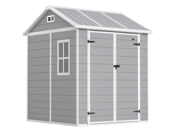 Casita de jardín de plástico gris con ventana y puerta cerrable