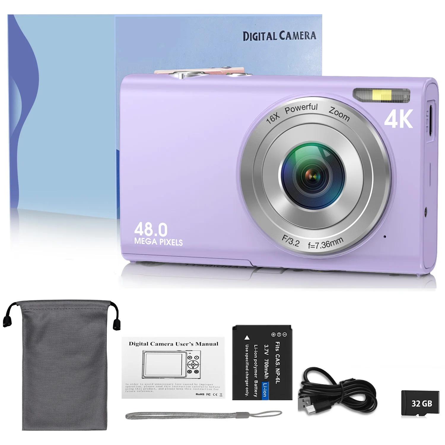 (Tarjeta morada de 32 GB) Cámara digital 4K, enfoque automático, resolución de alta definición de 48 MP.