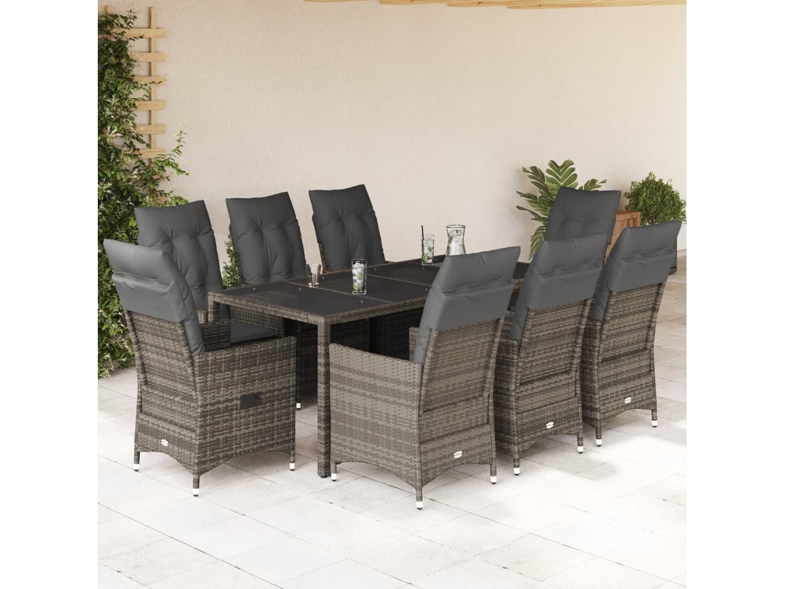 Conjunto de comedor de jardín DKD Home Decor de 9 piezas con cojines, ratán gris