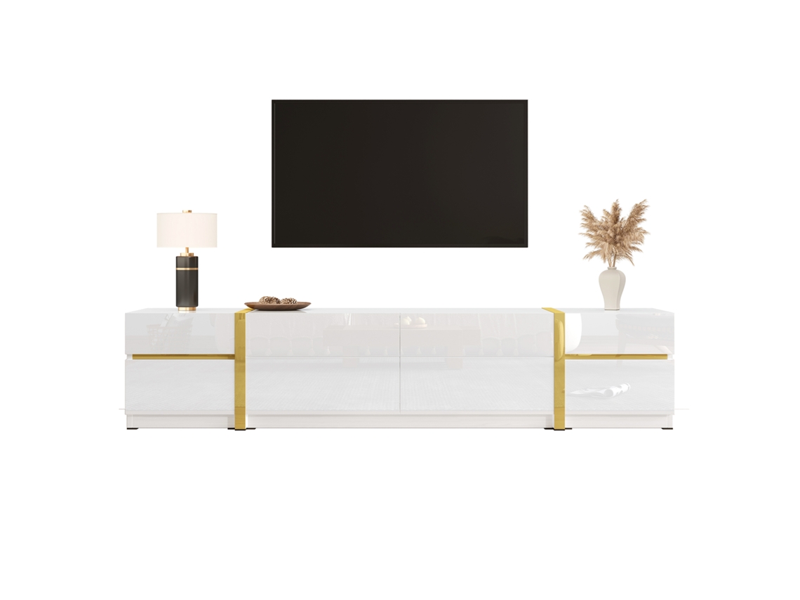Mueble Tv - Estilo Moderno, Cajones Y Puertas, Alto Brillo, Bordes Dorados, Gran Almacenamiento - Dorado Y Blanco