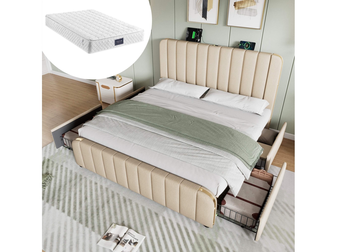 Cama Doble 160x200 Cm - Cabecero Tapizado, Bandas Doradas, Usb-c, 4 Cajones, Con Colchón - Beige