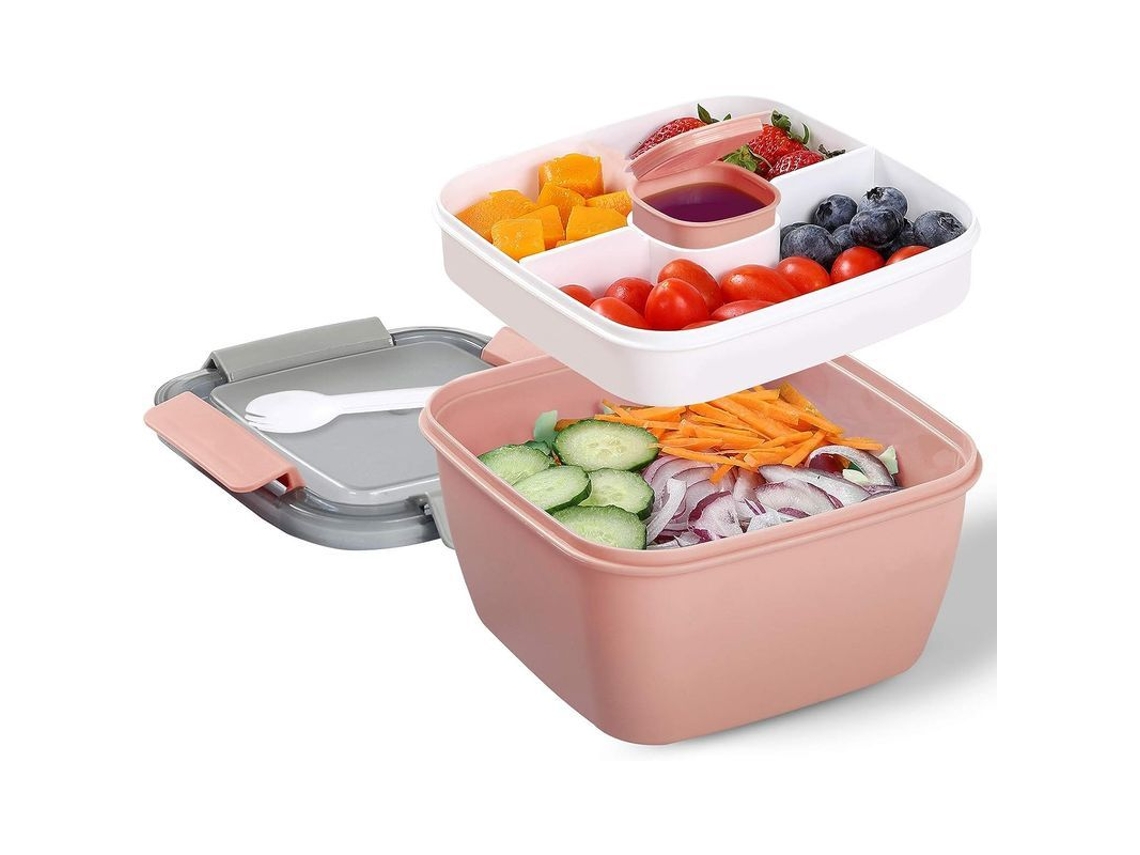 Recipiente Portátil Para Ensalada De 1 Litro (38 Oz) - Fiambrera Con 2 Compartimentos Y Vaso Para Aderezo