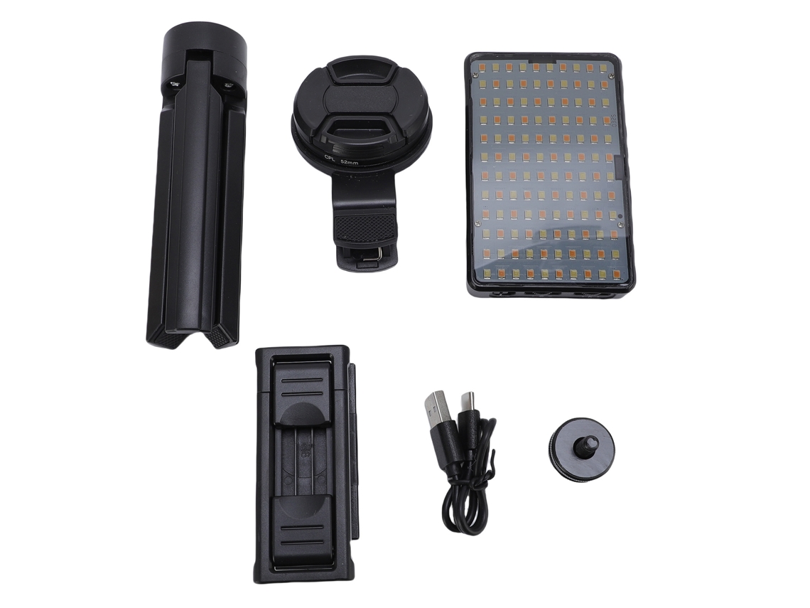 Foco LED portátil para fotografía y vídeo en directo con teléfono móvil y cámara.