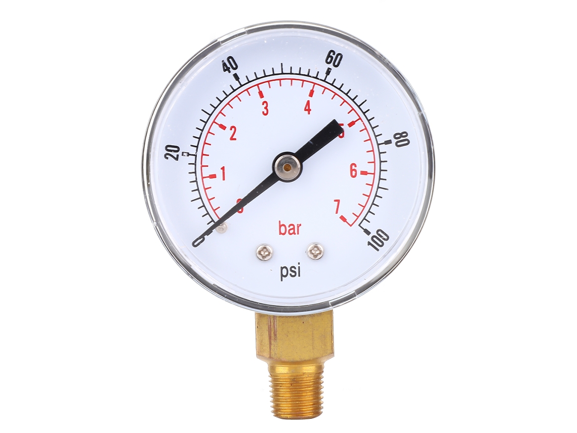 Manómetro/indicador 2026 de 50 mm con conexión inferior 1/8 Bspt para aire, agua, aceite y gas (0-100 psi, 0-7 bar).