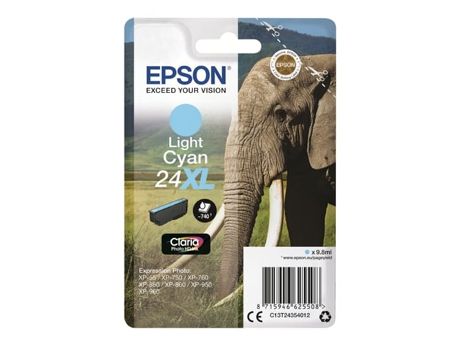 Cartucho de tinta original EPSON, 24XL, Elefante 9,8 ml , Cian claro, C13T24354012, T2435