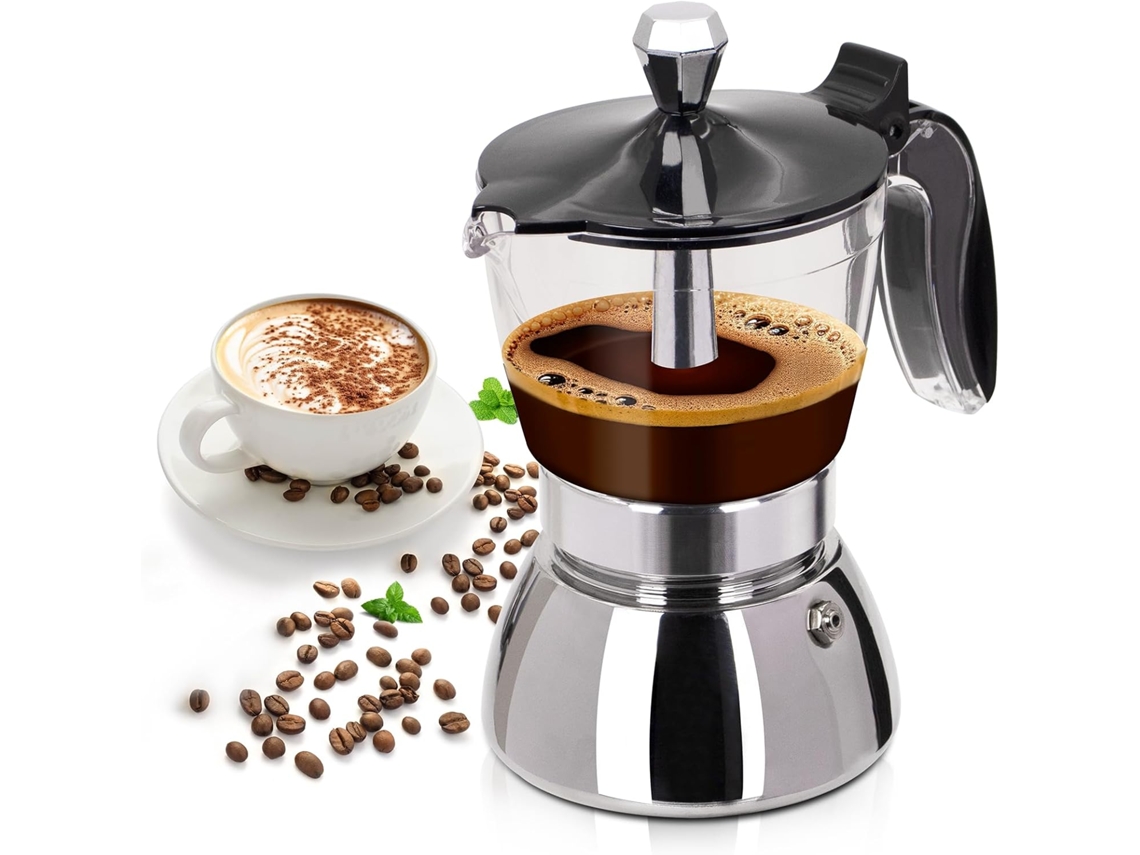 Cafetera Moka De Acero Inox Espresso Con Visor Transparente Para Casa, 6 Tazas (300ml)