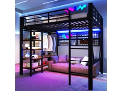 Cama Alta De 140x200 Cm Con Iluminación Led, Armario, Red De Almacenamiento, Estructura De Metal Negro, Colchón No Incluido.