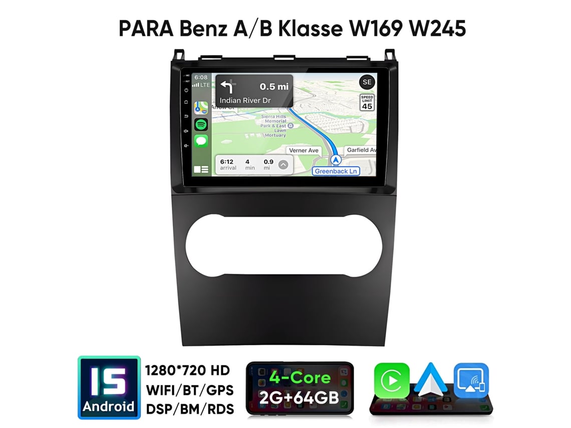 Hexinex 2gb+64gb Android 15 Rádio Carro 9 Polegadas Para Benz Classe A/b W169 W245 Bt Gps Rds Carplay