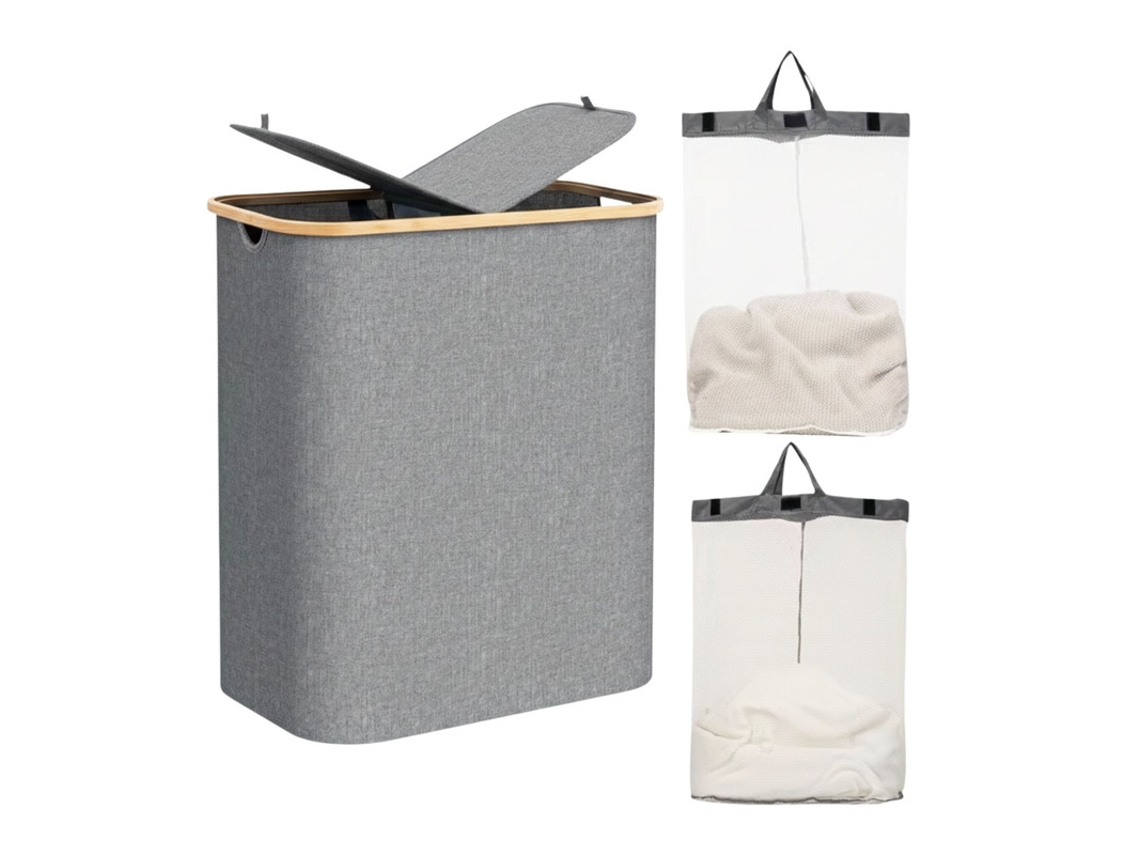 Cesto para ropa de 150 litros con tapa y 2 compartimentos, plegable.