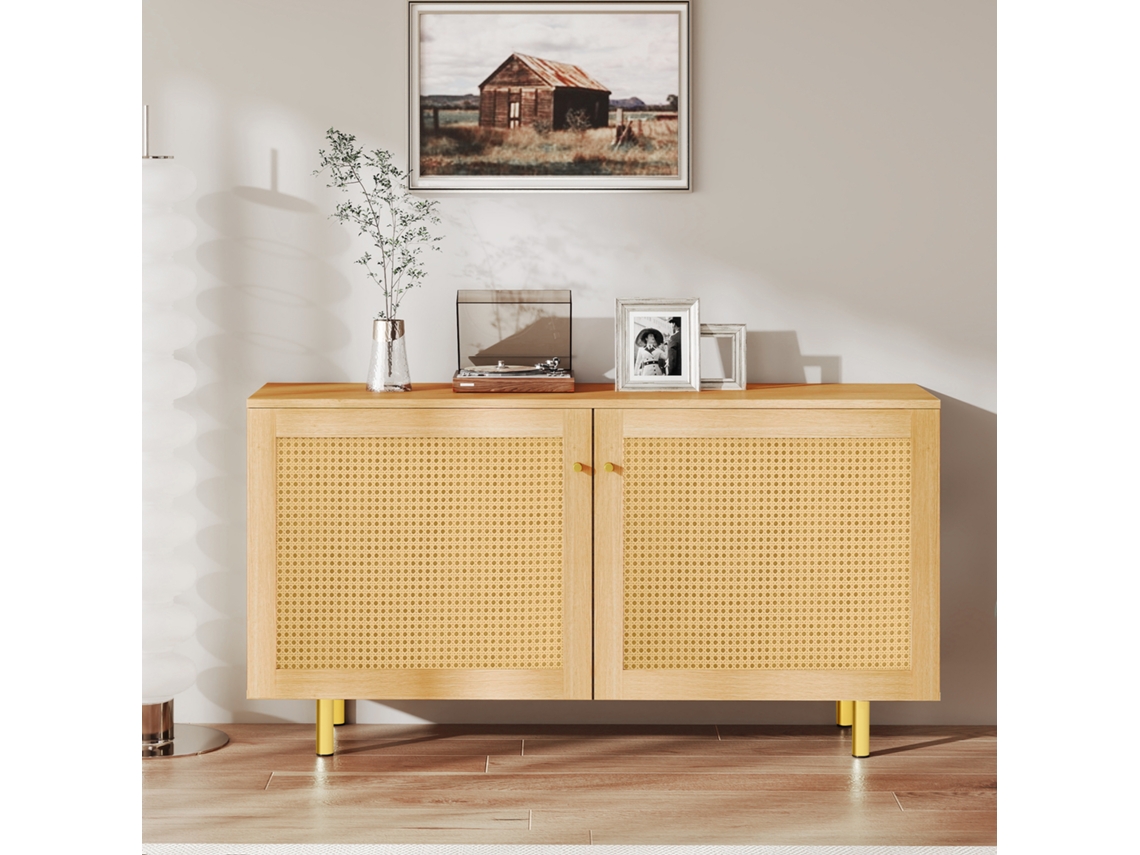 Aparador 63x120x40 Cm - Mueble De Almacenaje De Ratán Con 2 Puertas, Estilo Rústico Para Comedor - Natural