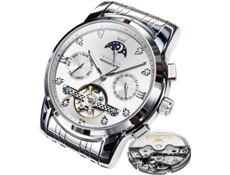 VEANXIN Reloj Tourbillon con Diamantes y Fase Lunar Luminoso Resistente al Agua de Acero Inoxidable Hueco automático para Hombres(plata)