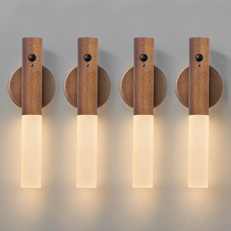 (color Nogal, 4 Piezas) Aplique De Pared Led Recargable Con Sensor De Movimiento Inteligente, Luz Nocturna Magnética Portátil