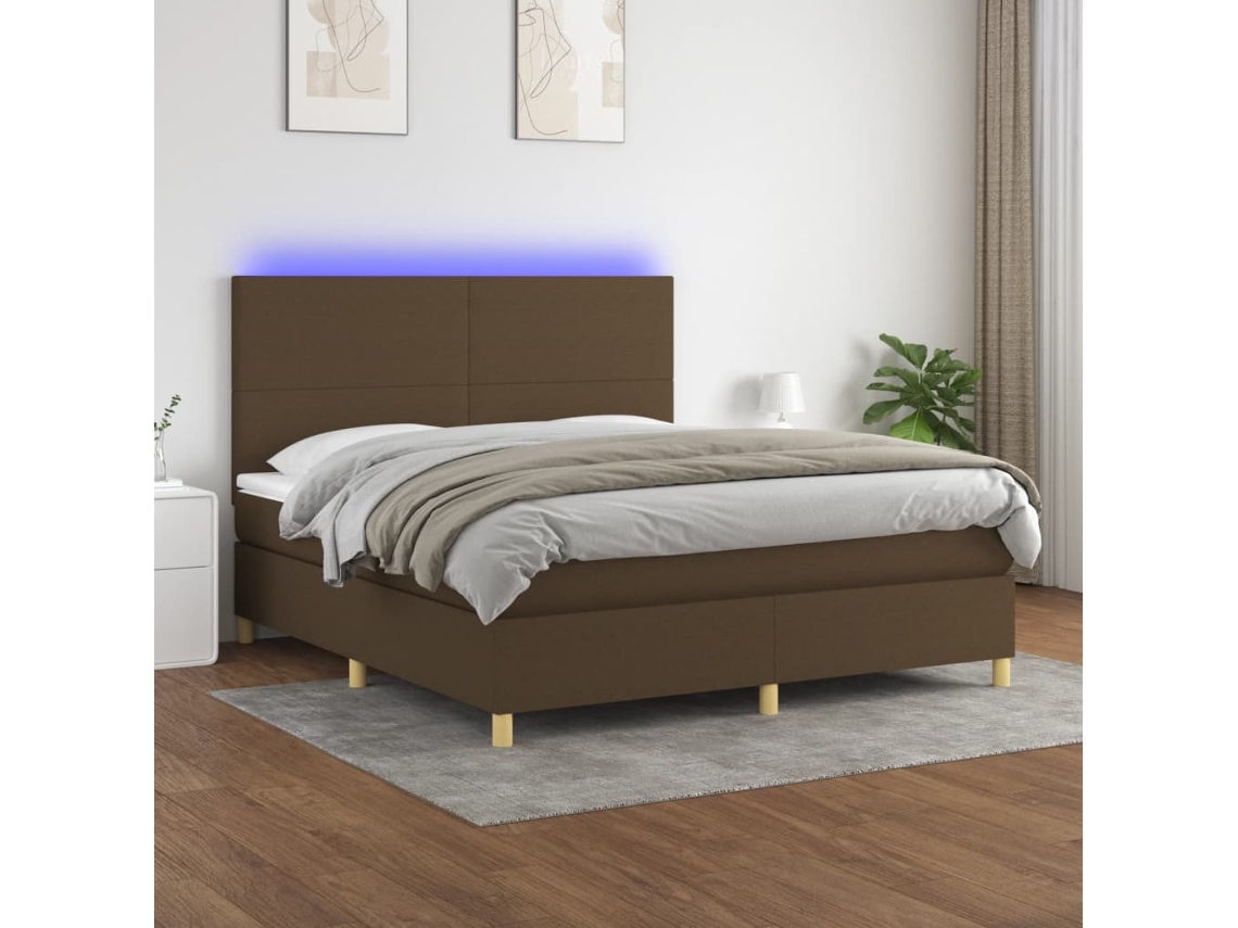 Cama Box Spring Colchón Luces Led Tela Marrón Oscuro 180x200cm