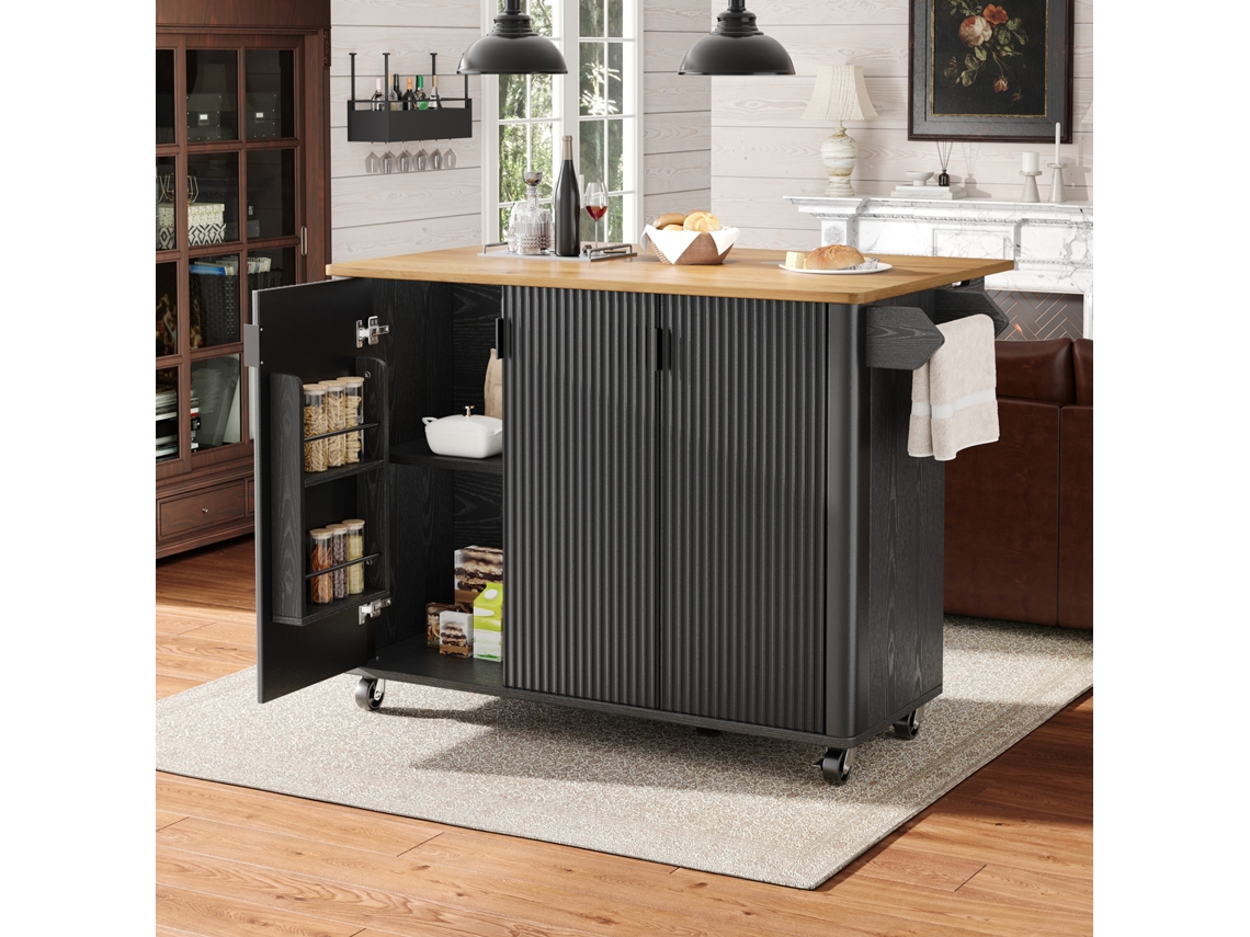 Isla De Cocina Auxiliar De Madera, Aparador De 130x75x92cm, Extensible Con Ruedas, Toallero, Blanco/negro.