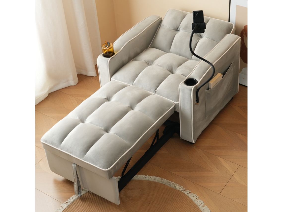 Sofá cama retráctil 3 en 1 con portavasos y soporte para teléfono móvil, ideal para espacios pequeños, 83 x 167 x 76 cm, gris.