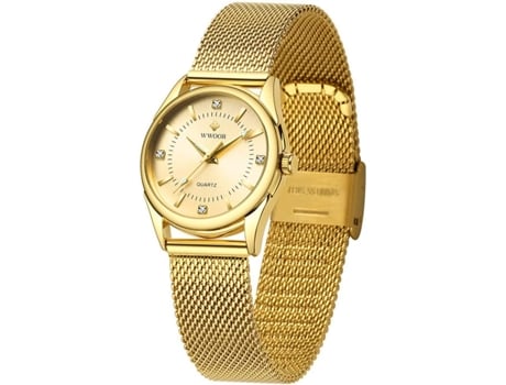 VEANXIN Relojes de pulsera impermeables con correa de malla de acero inoxidable para mujer-Malla Dorada