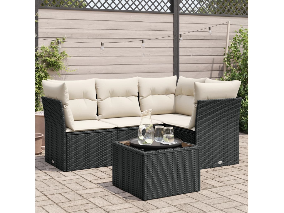 Conjunto de sofá de jardín de 5 piezas con cojines de mimbre sintético negro, Dkd Home Decor