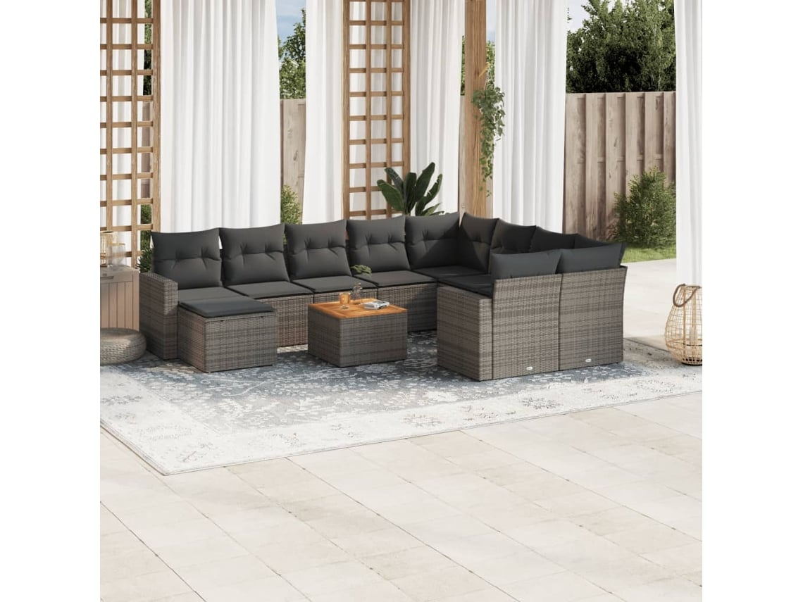 Conjunto de sofá de jardín de 11 piezas con cojines, ratán gris, DKD Home Decor