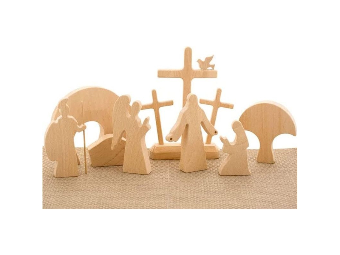 Decoración De Escena De Pascua En Madera Con Escena Del Nacimiento De Jesús Y La Resurrección.