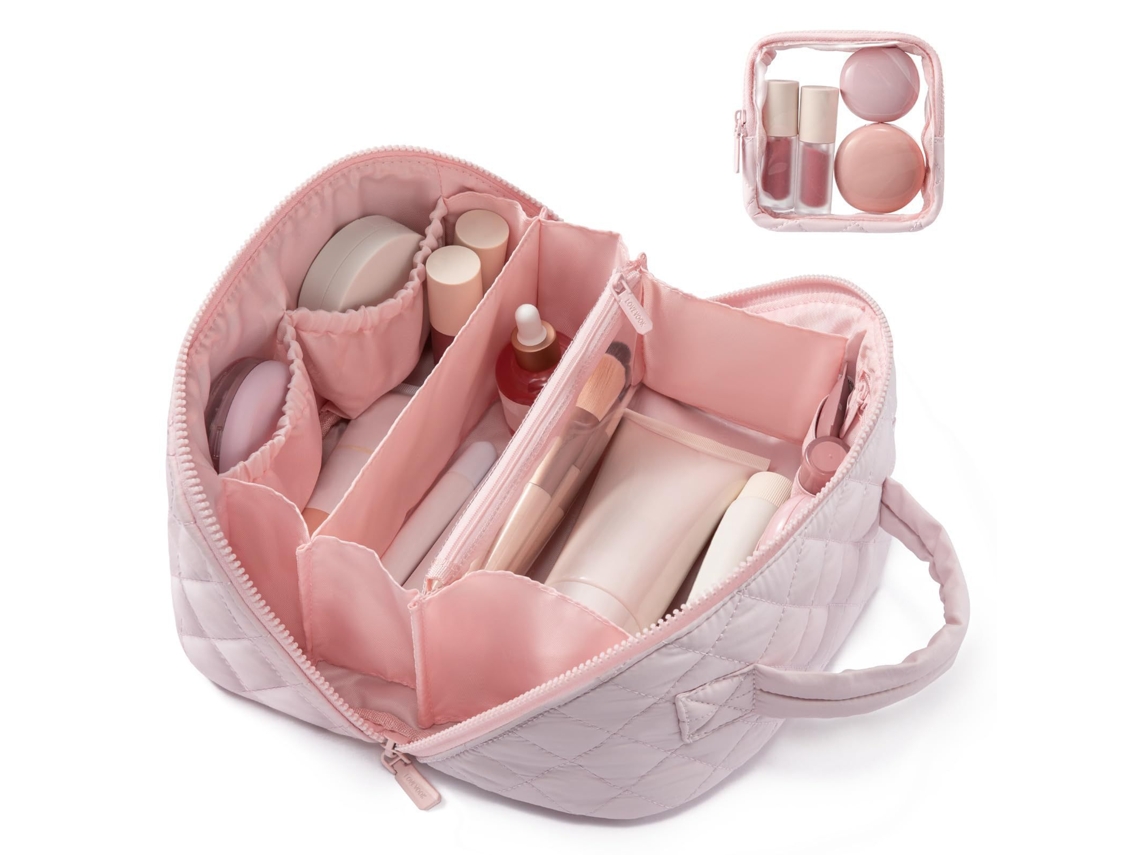 Dos neceseres de viaje impermeables para guardar cosméticos y un neceser pequeño, plano y abierto con mayor capacidad.