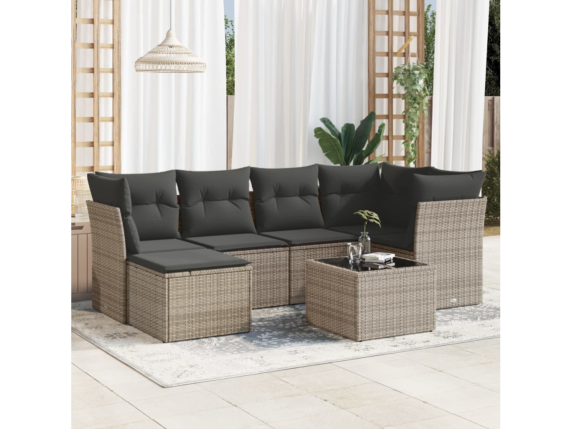 Conjunto de sofá de jardín de 7 piezas con cojines, mimbre gris, DKD Home Decor