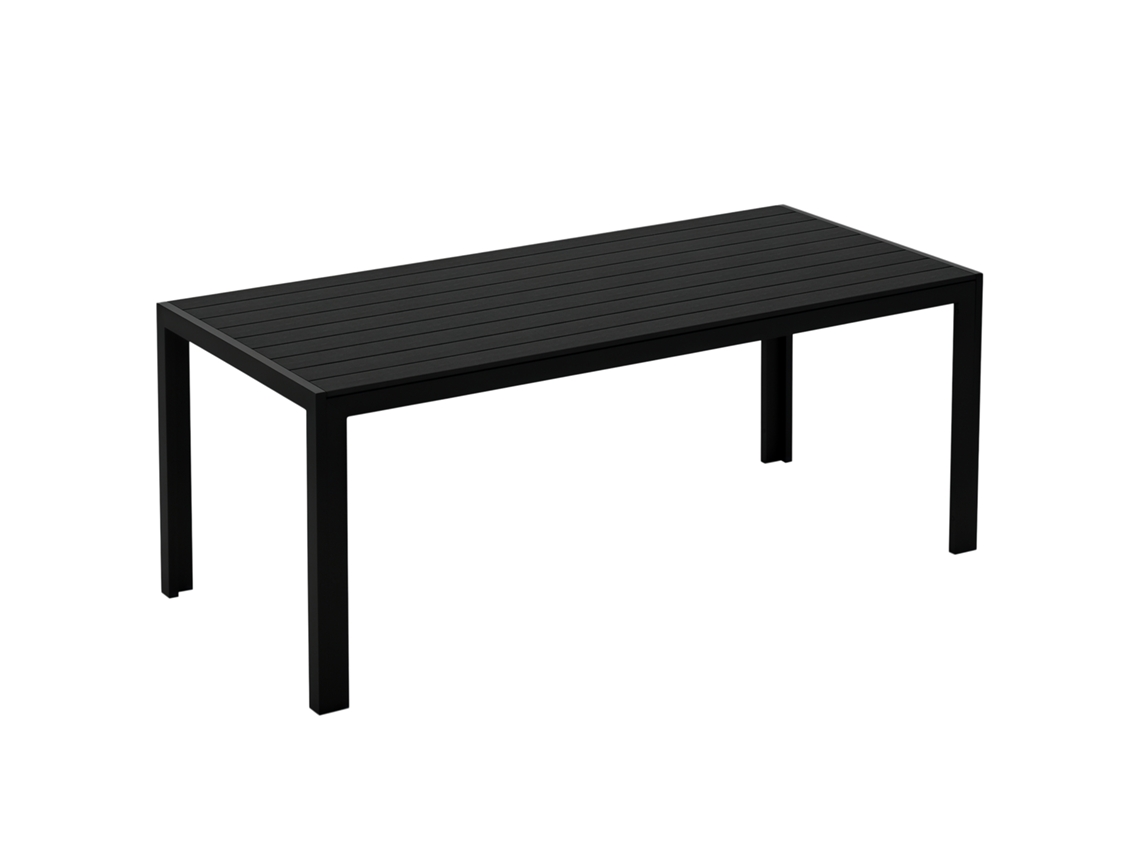 Mesa de jardín de plástico de 190x84,5x72 cm, color negro y madera.