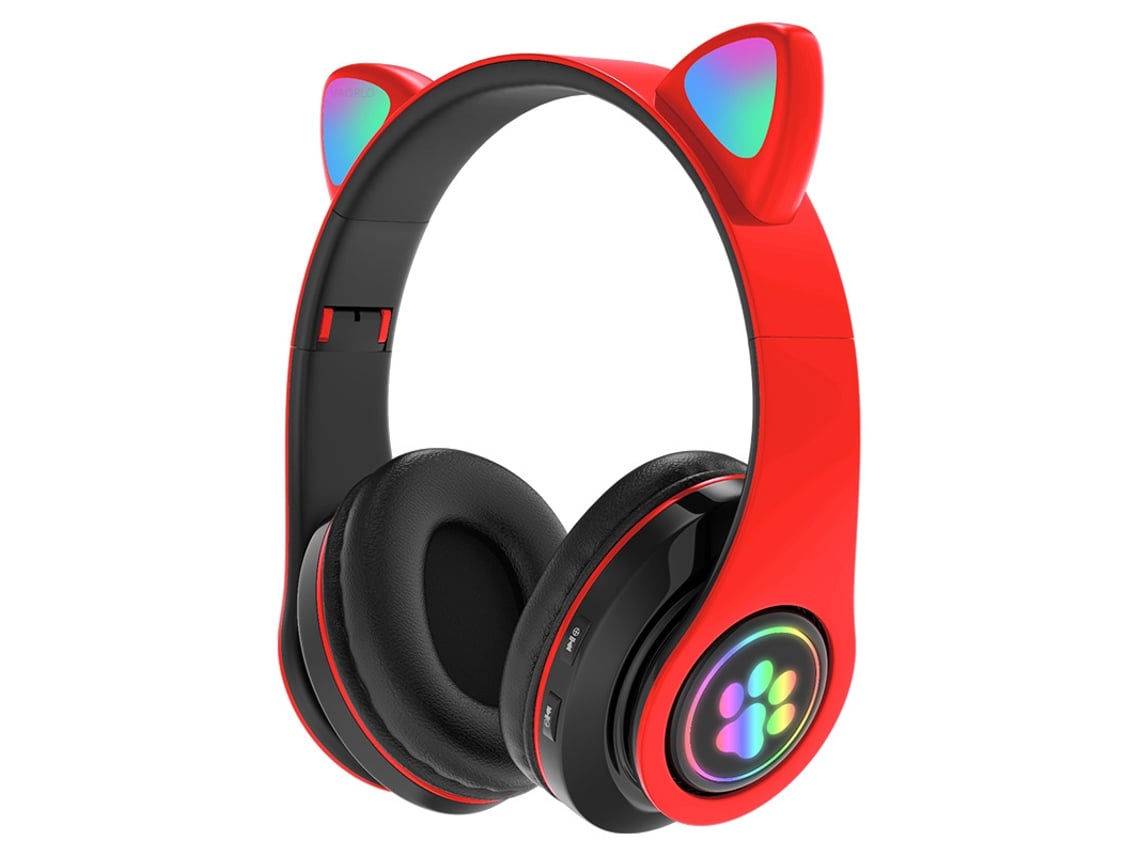 Auriculares Inalámbricos Bluetooth (rojos) Con Flash, Diseño De Orejas De Gato Y Micrófono.