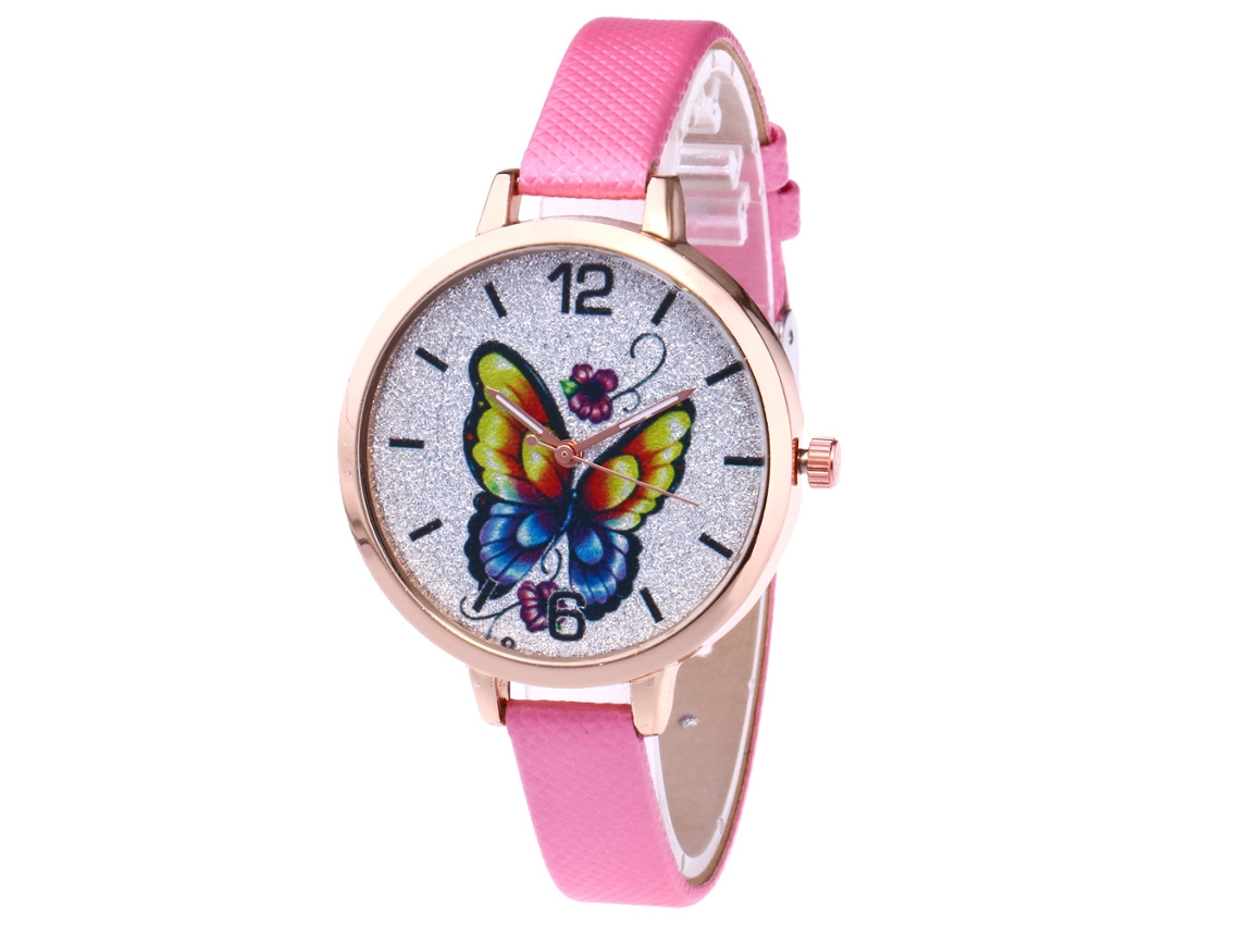Reloj De Cuarzo Con Correa De Piel Sintética, Estampado De Mariposas Y Decoración Rosa Con Forma De Mano De Niña.