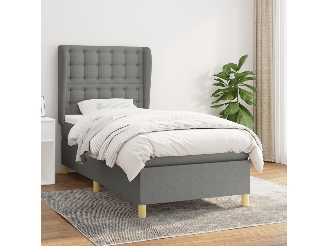 Cama Box Spring Con Colchón Tela Gris Oscuro 90x200 Cm