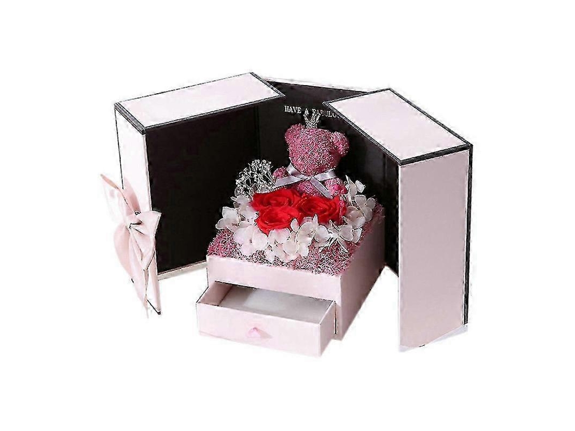 Caja de regalo rosa 2025 con doble puerta para San Valentín, joyero con flores y oso, caja de regalo con flores Hengjian
