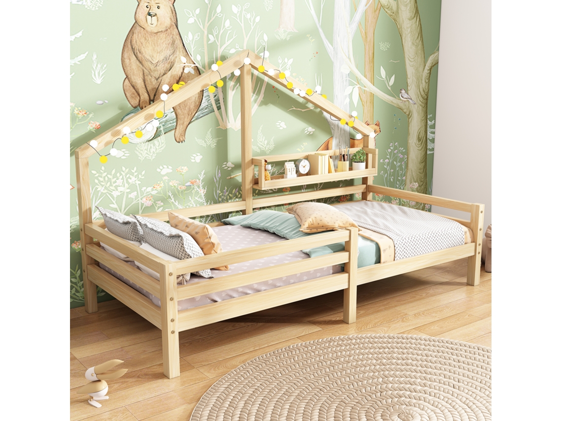Cama Infantil Con Forma De Casita, 90x200 Cm, Con Chimenea Y Almacenamiento, De Madera Natural. Skuwf530662aan