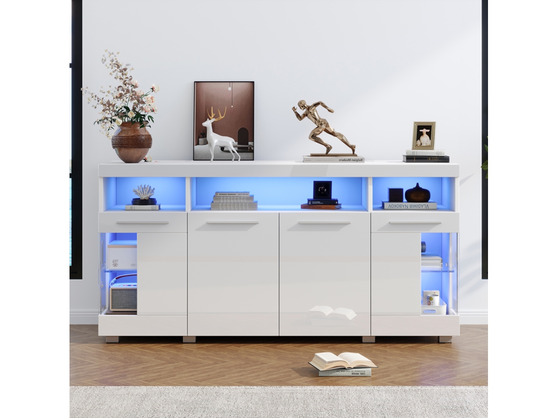 Aparador moderno con LED, 4 puertas y 9 compartimentos, MDF, cristal templado transparente, estilo blanco