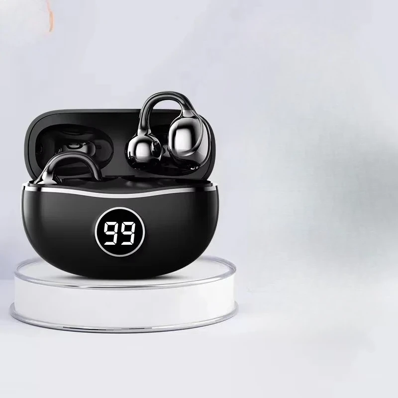 Auriculares inalámbricos (negros) con conducción ósea, Bluetooth 5.4, clip, cancelación de ruido, resistentes al agua, ideales para deportes.