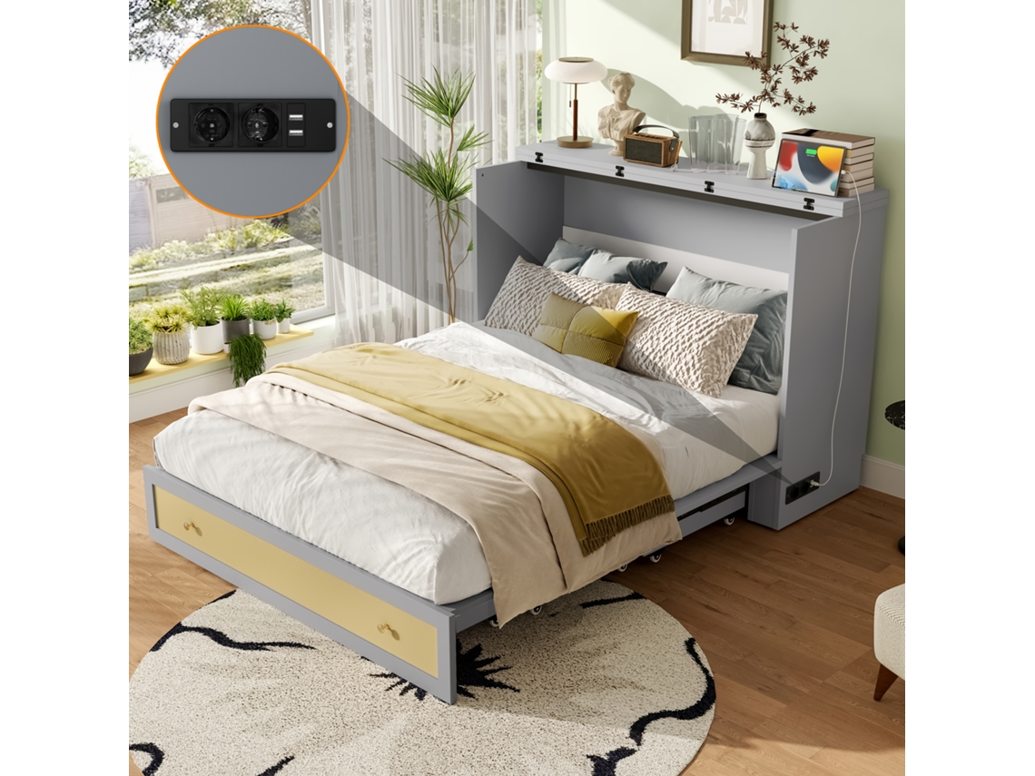 Cama Abatible 140x200 Cm - Móvil, Cajones Al Pie, Estante En Cabecera, Usb Y Enchufe, Cama Plataforma Convertible, Sin Colchón - Gris