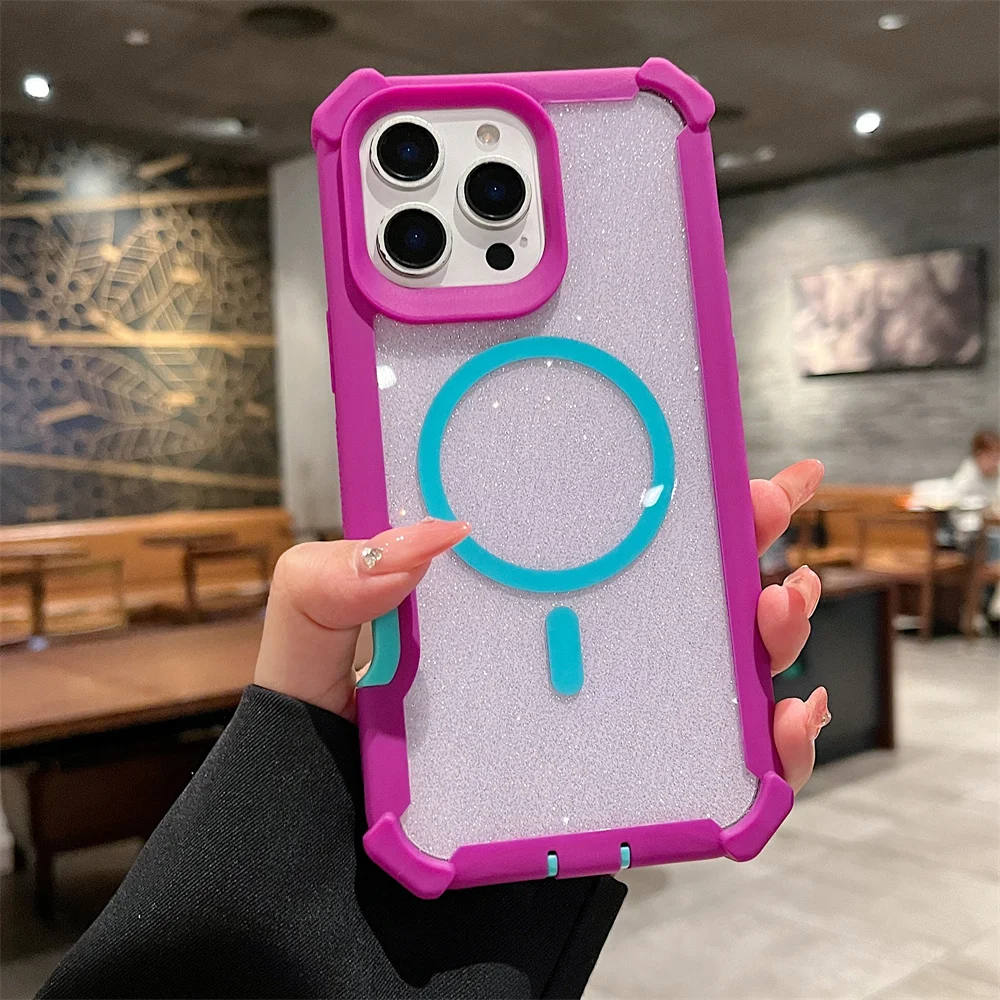 (iphone 16 Pro, Rojo Rosa) Funda Magnética Magsafe Con Purpurina Para Iphone, Protección Contra Caídas.