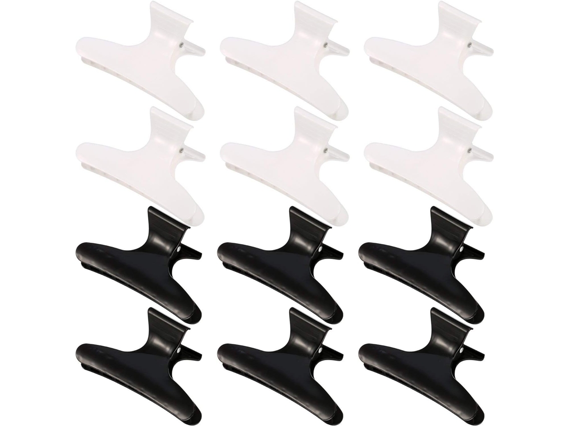 12 pinzas para el cabello con forma de mariposa, blancas y negras.