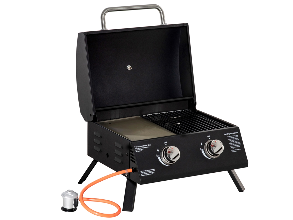 Parrilla De Gas Plegable Portátil Con 2 Quemadores Y Tapa, Tamaño Camping, 55x46,5x41cm, Color Negro.