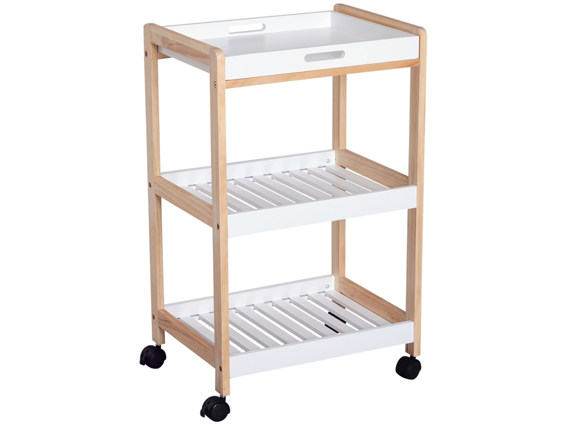Carrito Cocina Ruedas 2 Estantes Bandeja Madera Pino Blanco Mdf