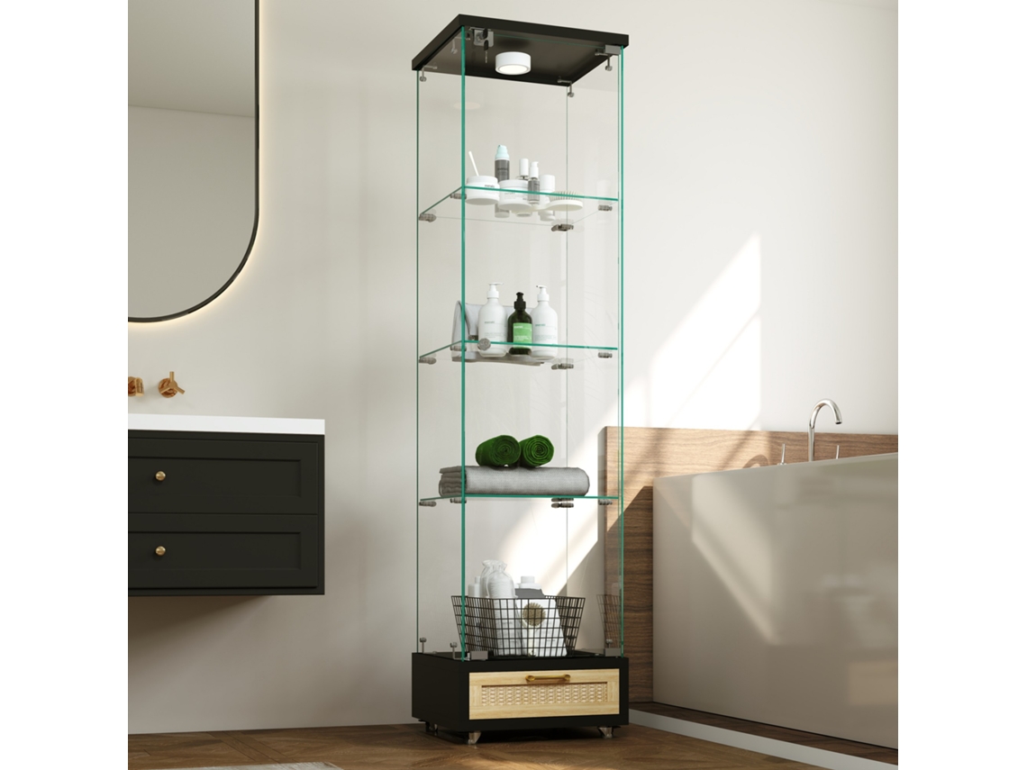 Vitrina Cristal Led Con Cajones 1 Puerta 4 Estantes Negro