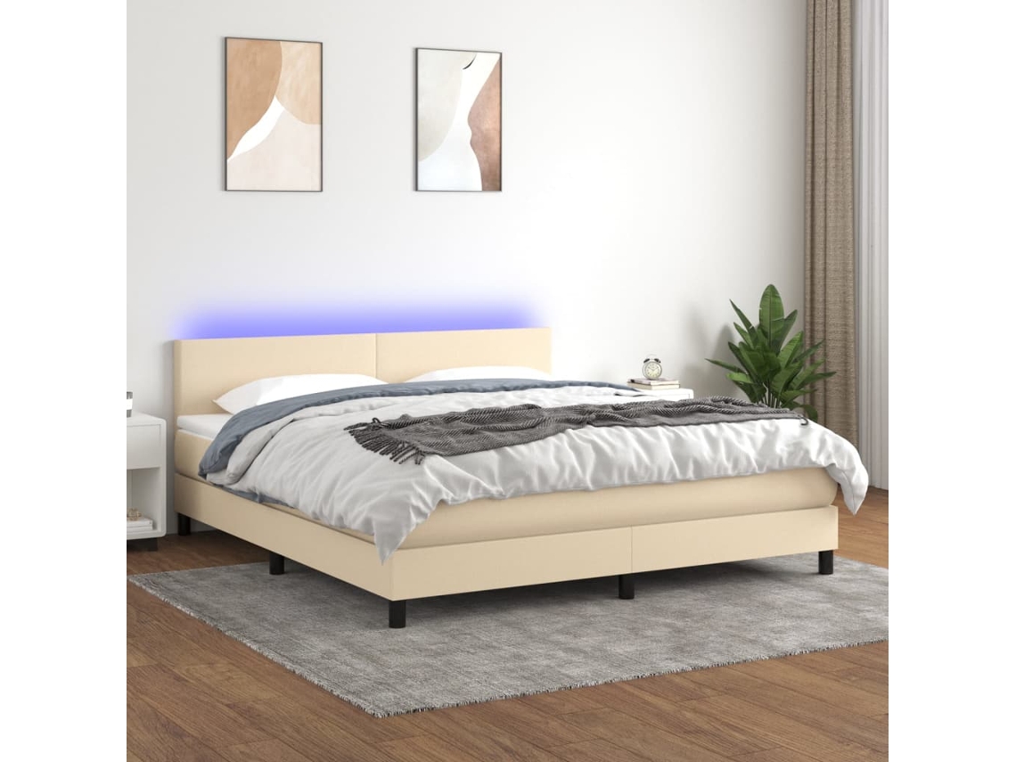 Cama Box Spring Con Colchón Y Led Tela Crema 180x200 Cm
