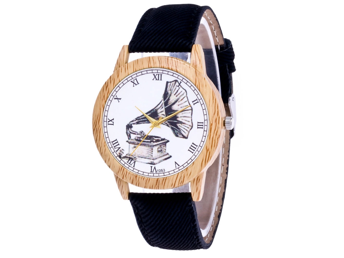 Reloj De Pulsera Casual Unisex Zhoulianfa De Cuarzo Con Correa De Lona Y Diseño De Fonógrafo Negro.