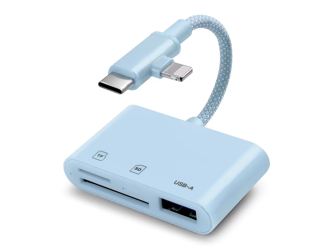 Cabo Adaptador Tipo C/Lightning para USB para /tf/sd 3 Em 1 Hub para iPhone Plug and Play Digitallab Azul