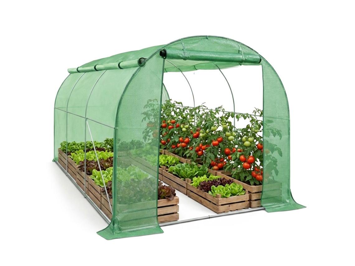 Invernadero De Jardín Tipo Túnel Con Estructura Metálica Y Cubierta De Pe Con Paredes Enrollables, 1 Puerta Y 6 Ventanas Verde 200x300x200 Cm