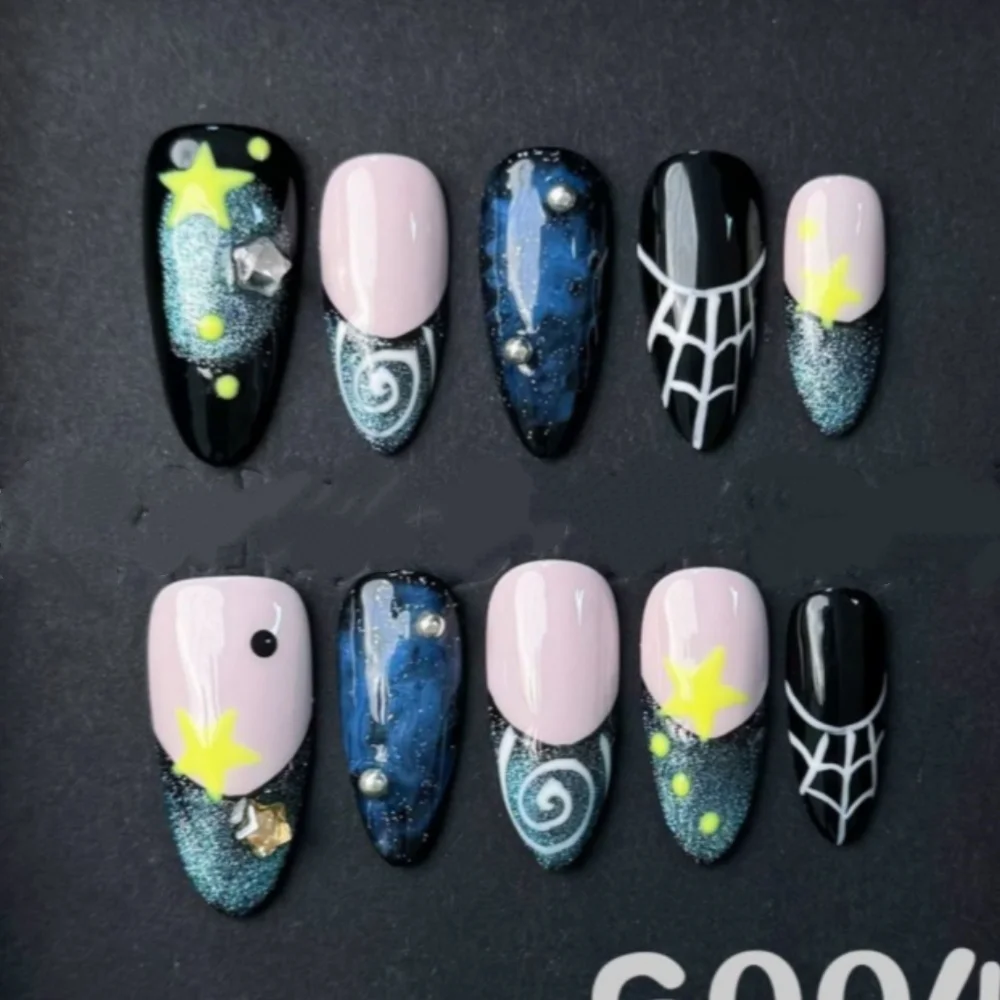 (g004-xs) Set De 10 Uñas Postizas Hechas A Mano Con Forma De Almendra Y Adhesivos Para Uñas.
