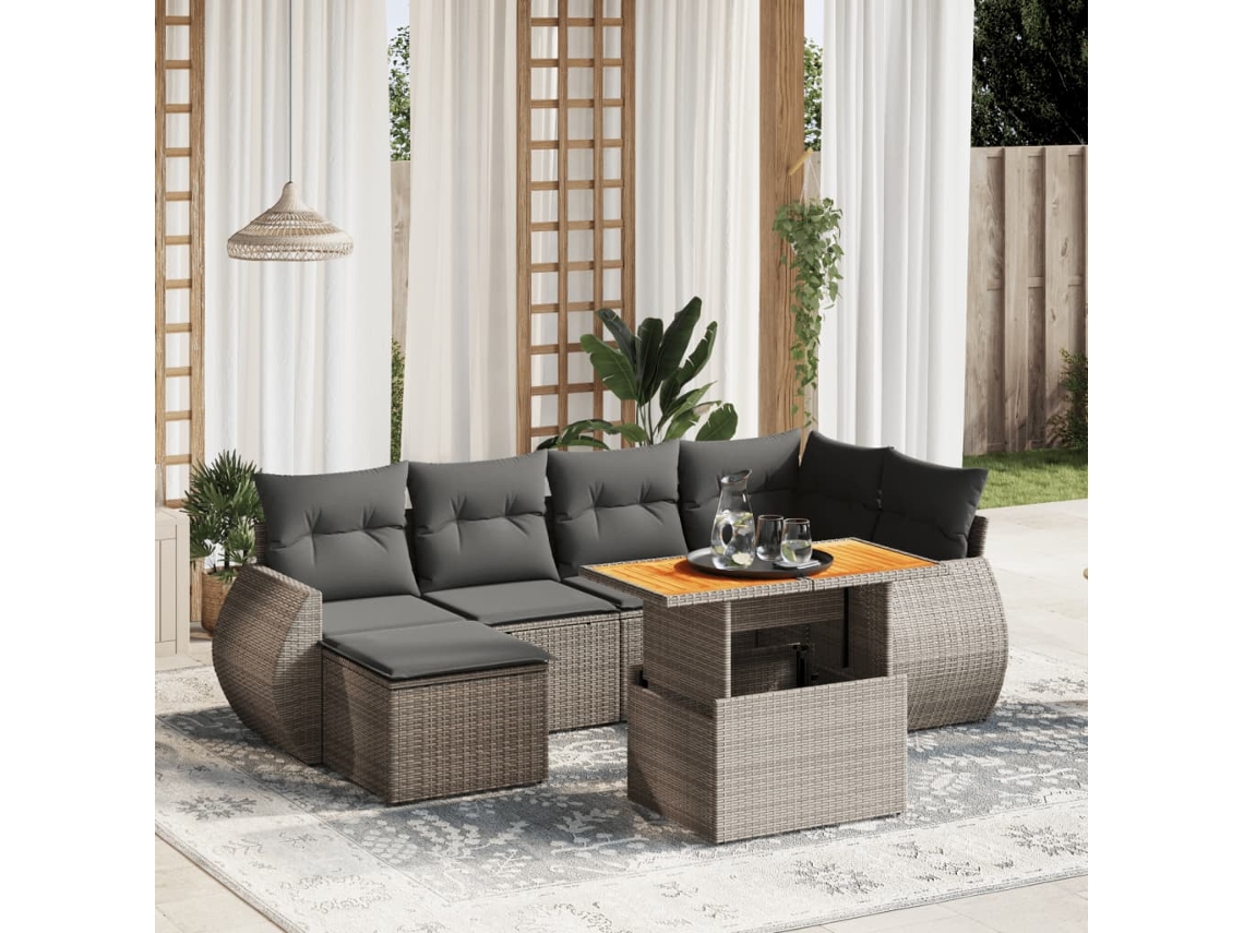 Conjunto de sofá de jardín de 7 piezas con cojines, mimbre gris, DKD Home Decor