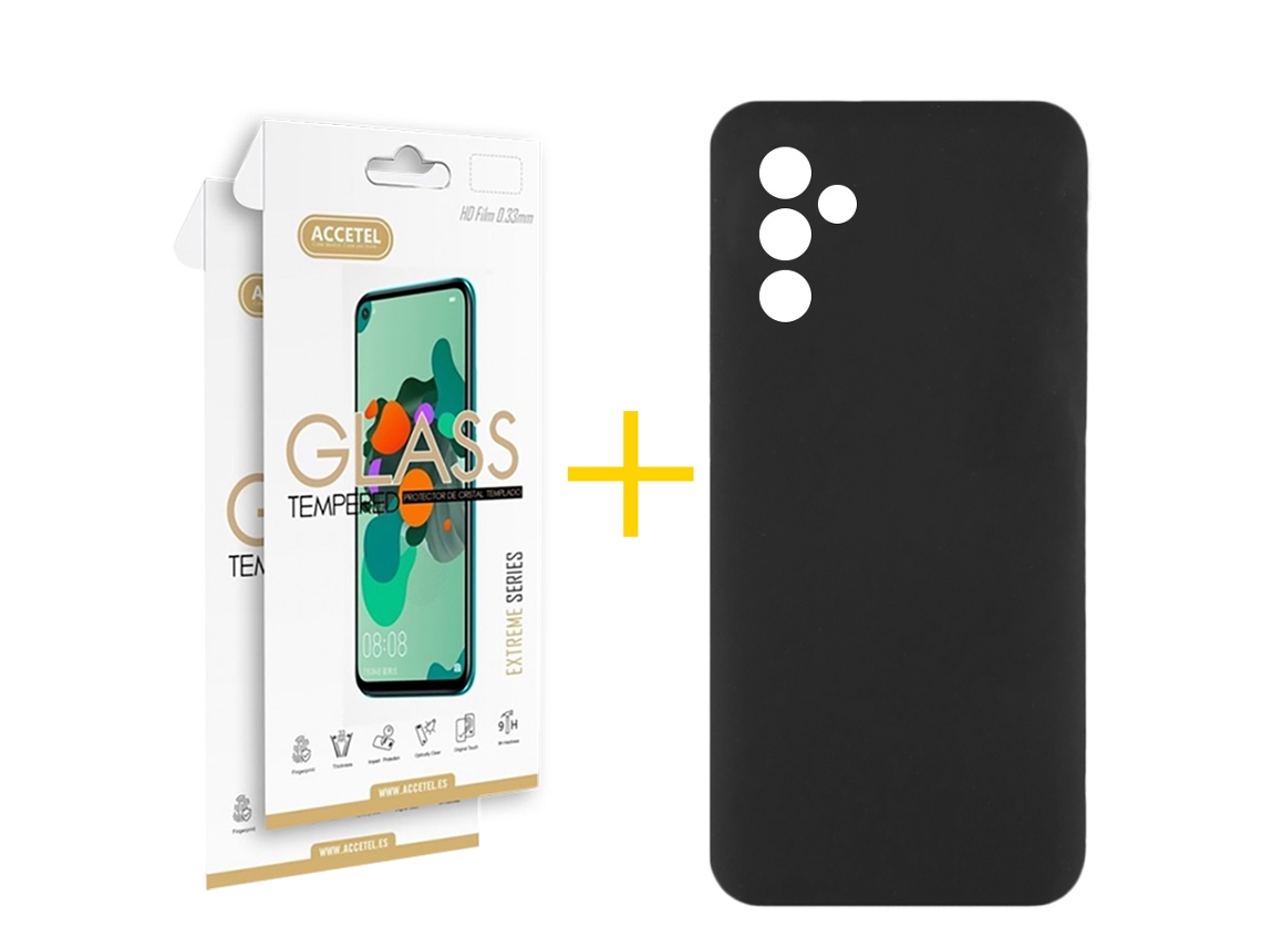 Pack 2 X Película de Vidrio Templado 2.5D + Funda ACCETEL para Samsung Galaxy A16 5G Silicona Líquida Negro