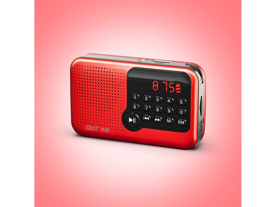 Mini radio FM portátil con pantalla LCD, USB, tarjeta TF, visualización de hora, función de memoria, modo de apagado (rojo)