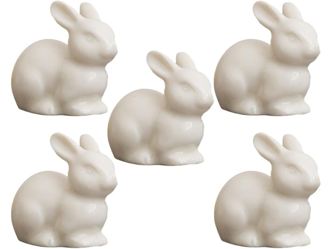 Juego 5 Figuras Decorativas Conejos Cerámica Blanca Accesorios Micropaisajes Decoración Hogar Oficina